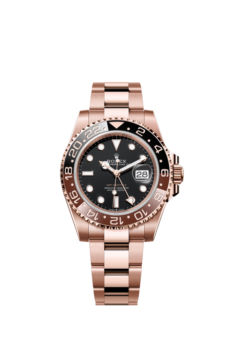 Rolex GMT-Master II 126715CHNR in Everose Gold with black dial and brown/black bezel on Oyster bracelet