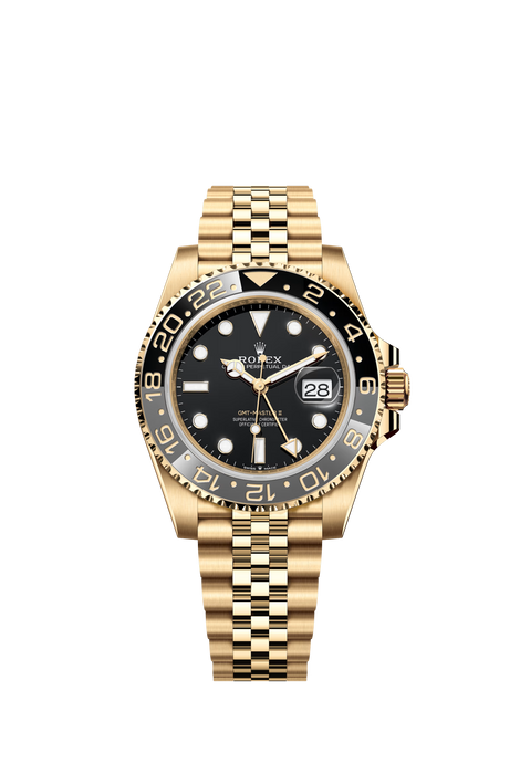 Rolex GMT-Master II 126718GRNR 40mm yellow gold with black dial and grey/black Cerachrom bezel on Jubilee bracelet
