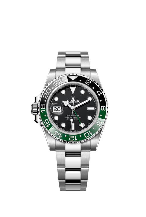 A Rolex GMT-Master II 126720VTNR luxury watch in stainless steel with a 40mm case, black dial, and Oyster bracelet, featuring a green and black Cerachrom bezel.