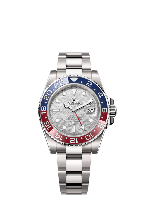 Rolex GMT-Master II 126719BLRO in 18 ct white gold with a 40mm case, meteorite dial, red and blue ceramic bezel, and Oyster bracelet.