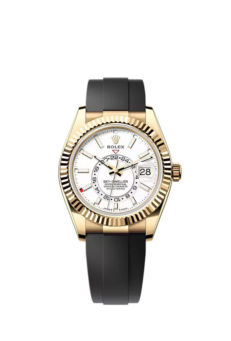 Rolex Sky-Dweller 336238 in 18k yellow gold with a 42mm case, intense white dial, and black Oysterflex bracelet.