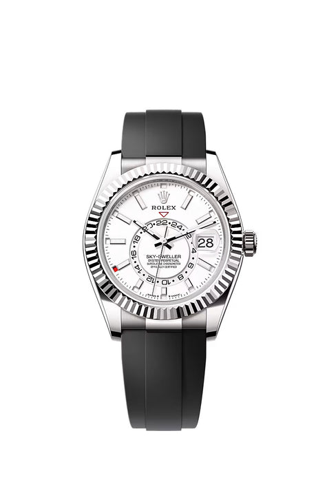 Luxury Rolex Sky-Dweller 336239 in 42mm white gold featuring an intense white dial and sporty Oysterflex bracelet.