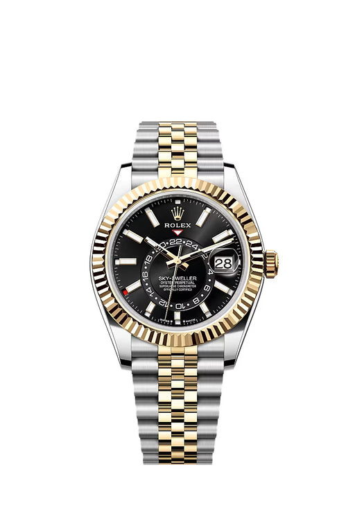 Rolex Sky-Dweller 336933 in 18 kt yellow gold with bright black dial, fluted bezel, and Jubilee bracelet.