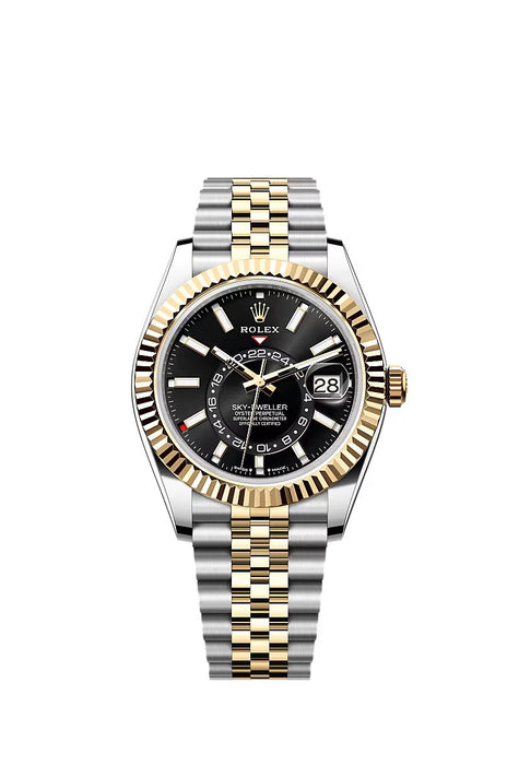 "Rolex Sky-Dweller 42mm in Yellow Gold & Stainless Steel with bright black dial and Jubilee bracelet."