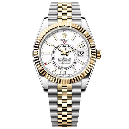 Rolex Sky-Dweller 336933 with intense white dial, fluted bezel, and Jubilee bracelet in Oystersteel and yellow gold.