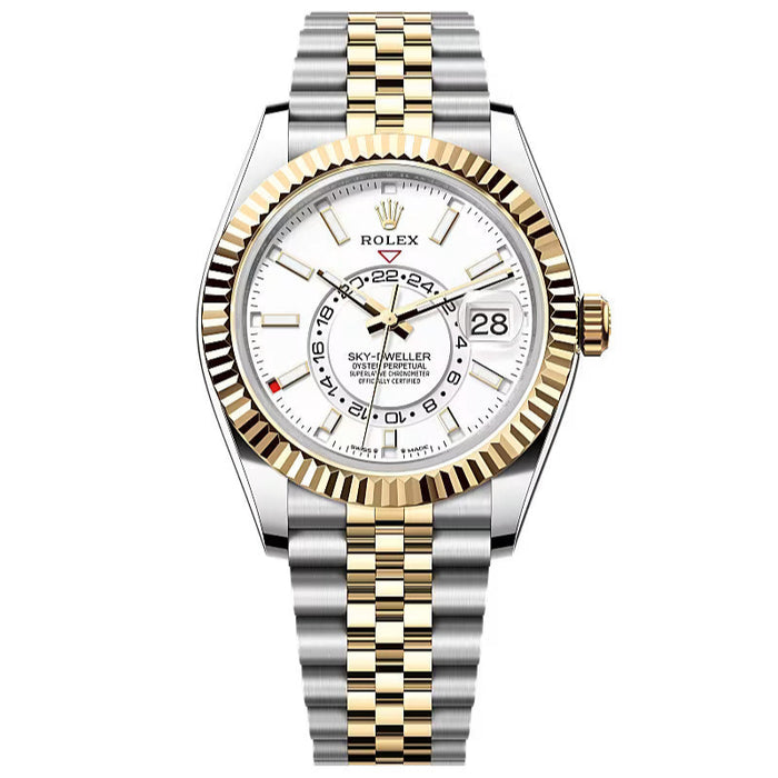 Rolex Sky-Dweller 336933 with intense white dial, fluted bezel, and Jubilee bracelet in Oystersteel and yellow gold.