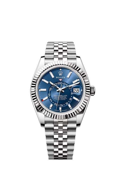 Rolex Sky-Dweller 336934 with bright blue dial, fluted bezel, and Jubilee bracelet in Stainless Steel and white gold.