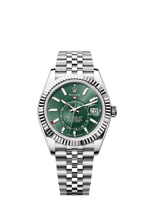 "Rolex Sky-Dweller 42mm in White Gold & Stainless Steel with mint green dial and Jubilee bracelet."