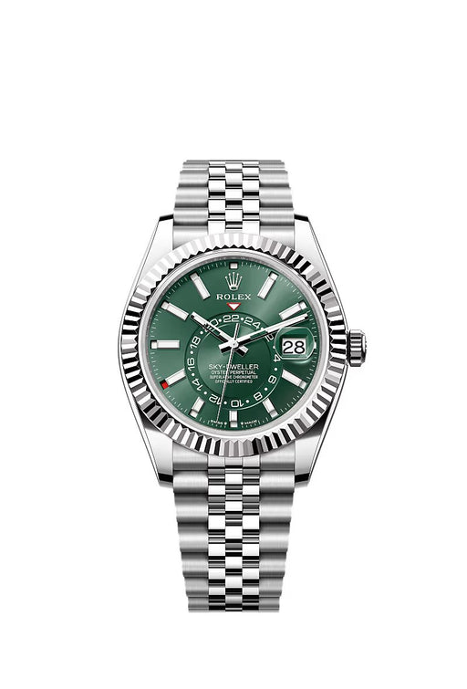"Rolex Sky-Dweller 42mm in White Gold & Stainless Steel with mint green dial and Jubilee bracelet."