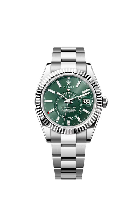 Rolex Sky-Dweller reference 336934 in white gold and stainless steel with a 42mm case, mint green dial, and Oyster bracelet.