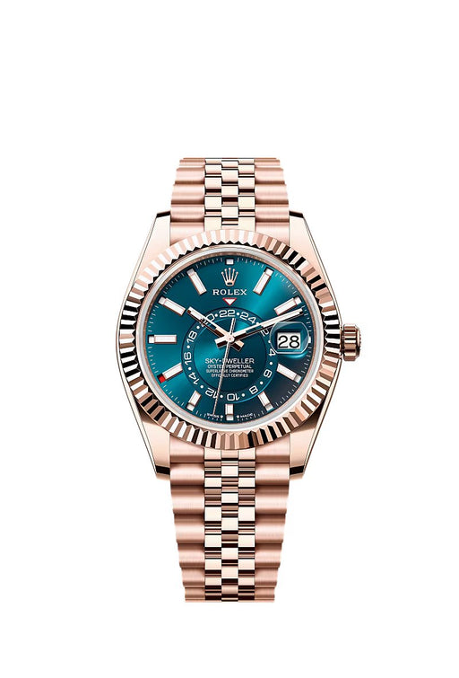 "Rolex Sky-Dweller 42mm in 18 kt Everose Gold with blue-green dial and Jubilee bracelet."