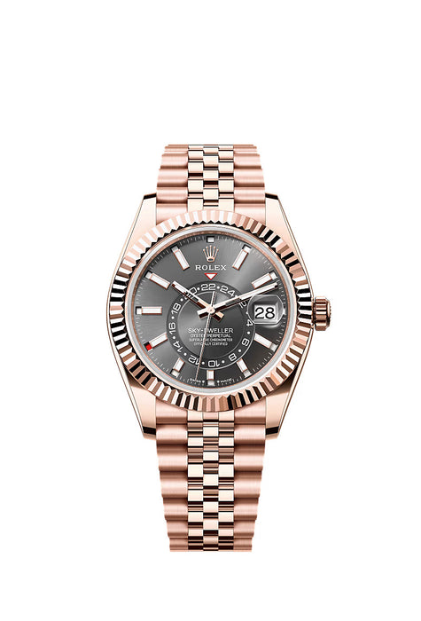 Luxury Rolex Sky-Dweller 336935 in Everose Gold with a 42mm case, slate dial, and Jubilee bracelet – a sophisticated dual time zone annual calendar watch.
