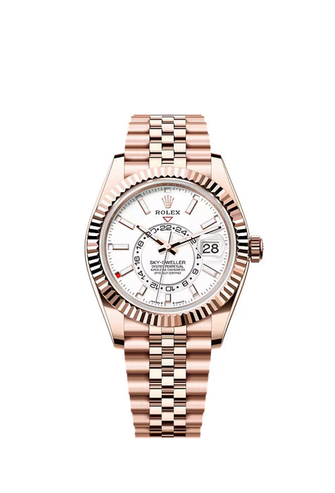 Rolex Sky-Dweller 336935 in 18 kt Everose gold with a 42mm case, intense white dial, and Jubilee bracelet.