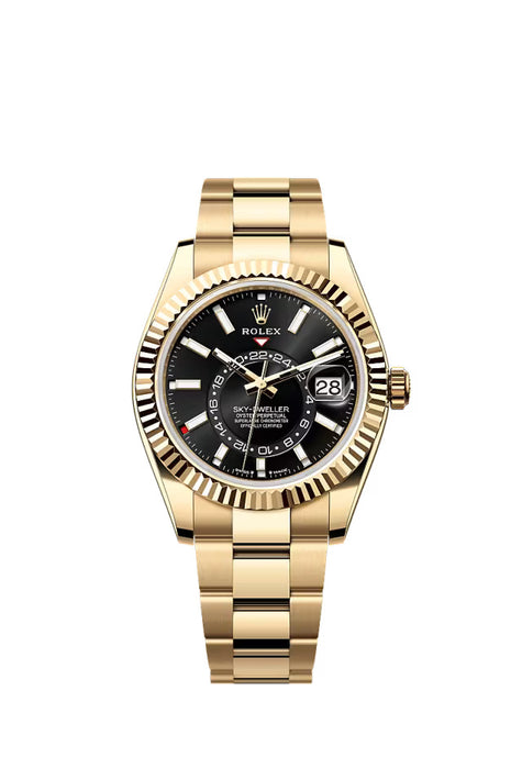 Close-up of the Rolex Sky-Dweller 336938 in 18k yellow gold, featuring a bright black dial and classic Oyster bracelet.