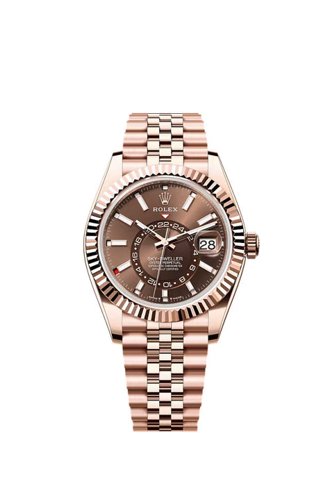 "Rolex Sky-Dweller 336935 Everose Gold 42mm with Chocolate Dial and Jubilee Bracelet, showcasing its elegant design and dual time zone functionality."