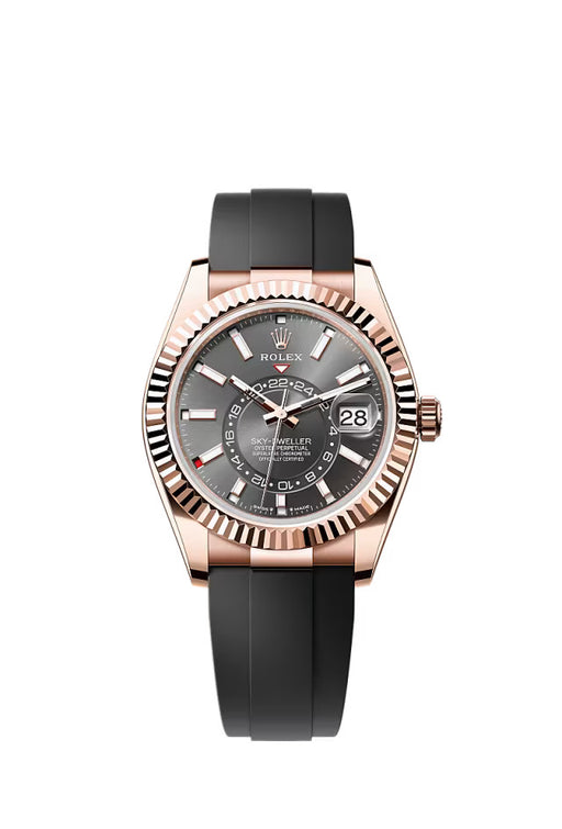 Rolex Sky-Dweller 336235 in 18 kt Everose gold with slate dial, fluted bezel, and Oysterflex bracelet.