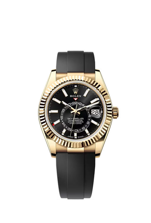 Rolex Sky-Dweller 336238 in 18 kt yellow gold with bright black dial, fluted bezel, and Oysterflex bracelet.
