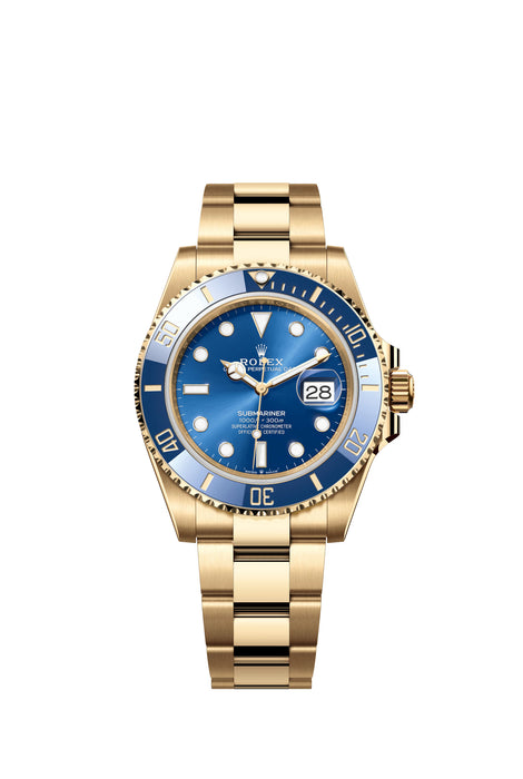 Rolex Submariner Date 126618LB in 18 ct yellow gold with royal blue dial and blue Cerachrom bezel on an Oyster bracelet.