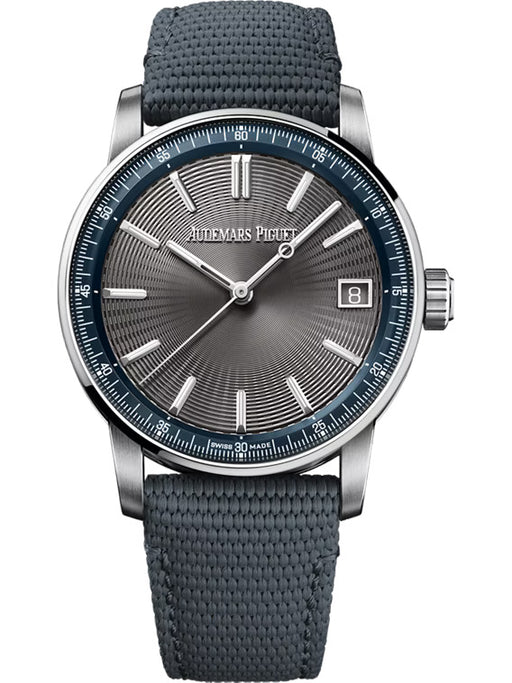 Audemars Piguet Code 11.59 Selfwinding watch in stainless steel with grey embossed dial and blue inner bezel.

