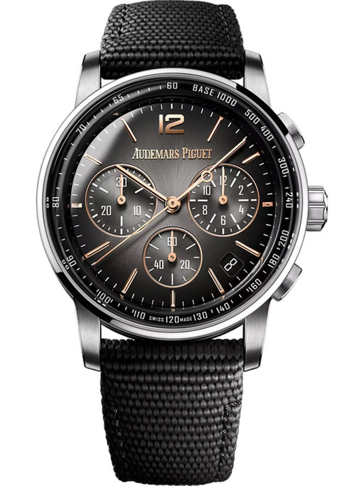 Audemars Piguet Code 11.59 Selfwinding Chronograph watch in 18k pink and white gold with smoked grey sunburst dial.