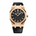 Audemars Piguet Royal Oak in 41mm rose gold featuring a black Grande Tapisserie dial and black alligator strap.
