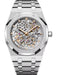 Audemars Piguet Royal Oak 16204ST.OO.1240ST.01 “Jumbo” Extra-Thin Openworked 50th Anniversary with stainless steel case and openworked rhodium-toned dial.