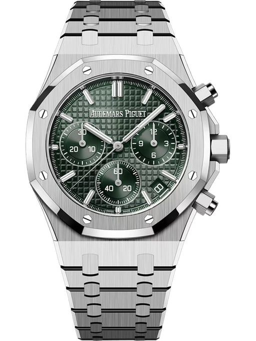 Luxury Audemars Piguet Royal Oak Selfwinding Chronograph “50th Anniversary” watch in stainless steel with a khaki “Grande Tapisserie” dial and integrated bracelet.