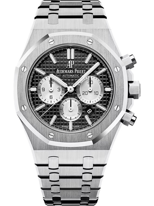 Luxury Audemars Piguet Royal Oak Selfwinding Chronograph in stainless steel with black Grande Tapisserie dial and silver sub-dials.

