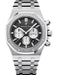 Luxury Audemars Piguet Royal Oak Selfwinding Chronograph in stainless steel with black Grande Tapisserie dial and silver sub-dials.

