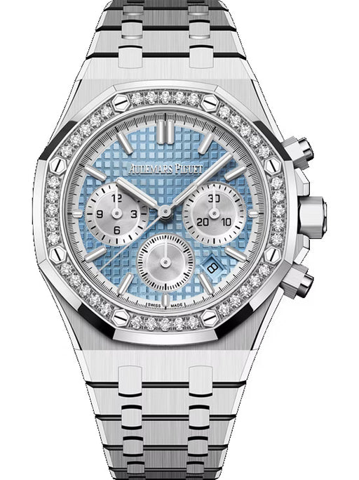 Audemars Piguet Royal Oak Selfwinding Chronograph 26715ST.ZZ.1356ST.01 in stainless steel with diamond-set bezel and light blue “Grande Tapisserie” dial.


