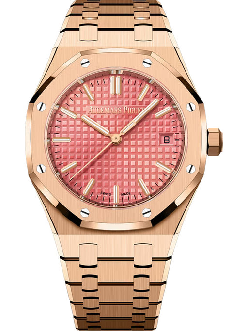 Luxury Audemars Piguet Royal Oak Selfwinding in 18k pink gold with a pink Grande Tapisserie dial and matching gold bracelet.
