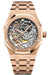 Audemars Piguet Royal Oak Double Balance Wheel Openworked 37mm in rose gold with a rhodium-toned skeleton dial and integrated rose gold bracelet.

