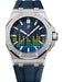 Audemars Piguet Royal Oak Offshore Music Edition Selfwinding watch in titanium with blue dial featuring a VU meter motif and blue rubber strap.

