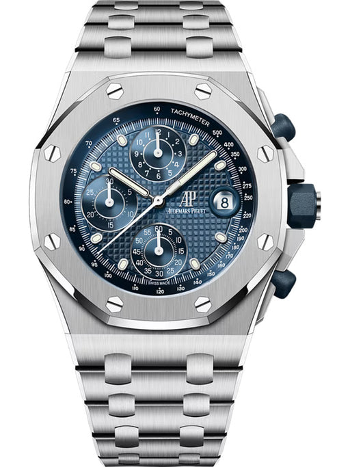 Audemars Piguet Royal Oak Offshore Chronograph 42mm in stainless steel with blue Petite Tapisserie dial and stainless steel bracelet.