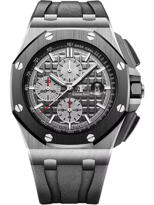Audemars Piguet Royal Oak Offshore Chronograph in titanium with slate grey “Méga Tapisserie” dial and grey rubber strap.