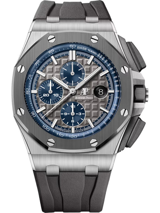 Audemars Piguet Royal Oak Offshore chronograph in titanium and grey ceramic featuring a grey “Méga Tapisserie” dial with blue accents and a grey rubber strap.