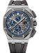Audemars Piguet Royal Oak Offshore chronograph in titanium and grey ceramic featuring a grey “Méga Tapisserie” dial with blue accents and a grey rubber strap.