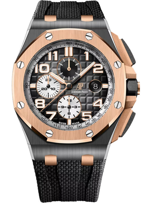 Audemars Piguet Royal Oak Offshore Chronograph in black ceramic and rose gold with a smoked grey “Méga Tapisserie” dial and grey rubber strap.