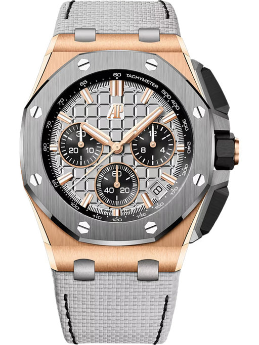 Audemars Piguet Royal Oak Offshore Selfwinding Chronograph watch in 18-carat pink gold with grey dial and grey calfskin strap.