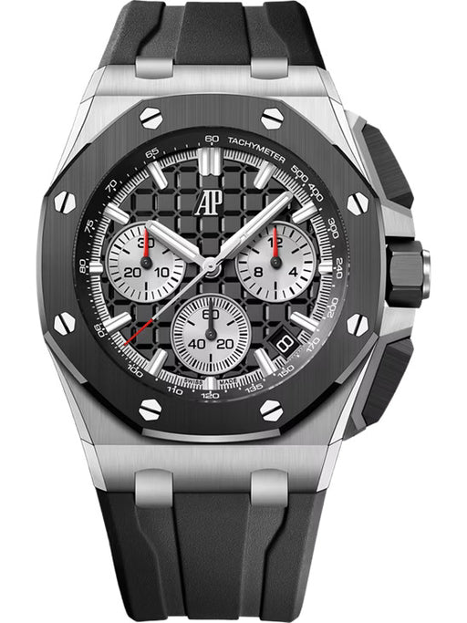 Audemars Piguet Royal Oak Offshore Chronograph in stainless steel with black dial and rubber strap.