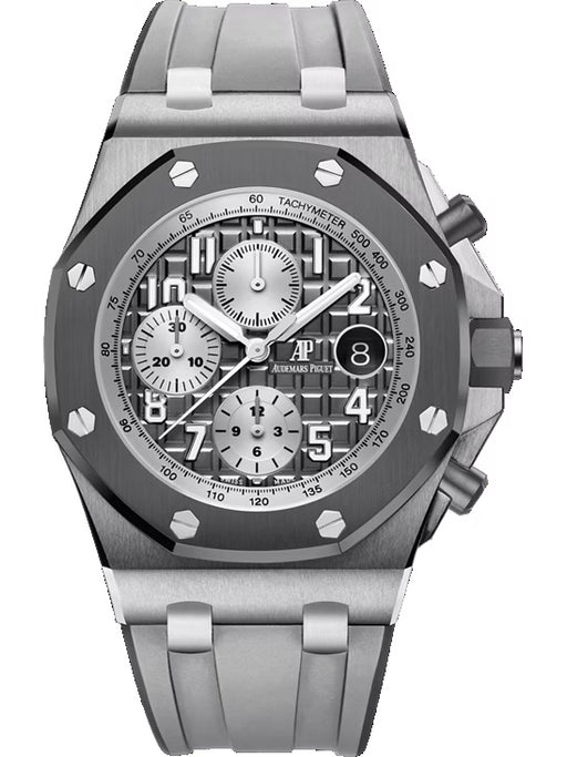 Audemars Piguet Royal Oak Offshore 26470IO.OO.A006CA.01 in titanium with 42mm grey dial and two-tone grey rubber strap.