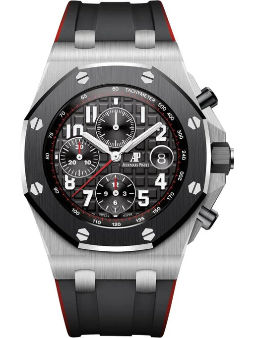 Audemars Piguet Royal Oak Offshore 42mm chronograph in stainless steel with a black “Méga Tapisserie” dial and black-red rubber strap.

