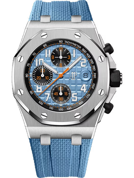 Audemars Piguet Royal Oak Offshore Chronograph 42mm in stainless steel with blue Méga Tapisserie dial and blue rubber strap.