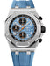Audemars Piguet Royal Oak Offshore Chronograph 42mm in stainless steel with blue Méga Tapisserie dial and blue rubber strap.