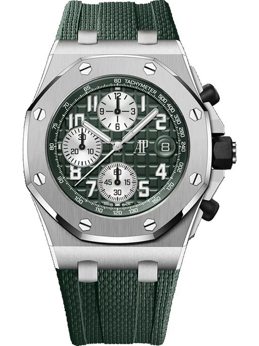 Audemars Piguet Royal Oak Offshore Chronograph 42mm in titanium with khaki green Méga Tapisserie dial and khaki rubber strap.