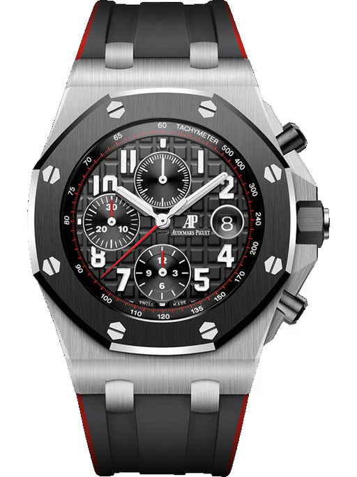 Audemars Piguet Royal Oak Offshore Chronograph 42mm stainless steel with black Méga Tapisserie dial and black/red two-tone rubber strap.