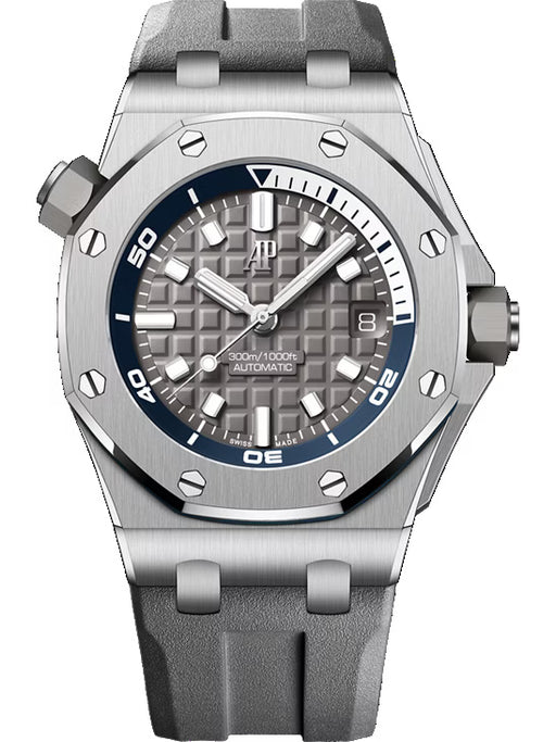 Audemars Piguet Royal Oak Offshore Diver 42mm in stainless steel with grey Méga Tapisserie dial and grey rubber strap.