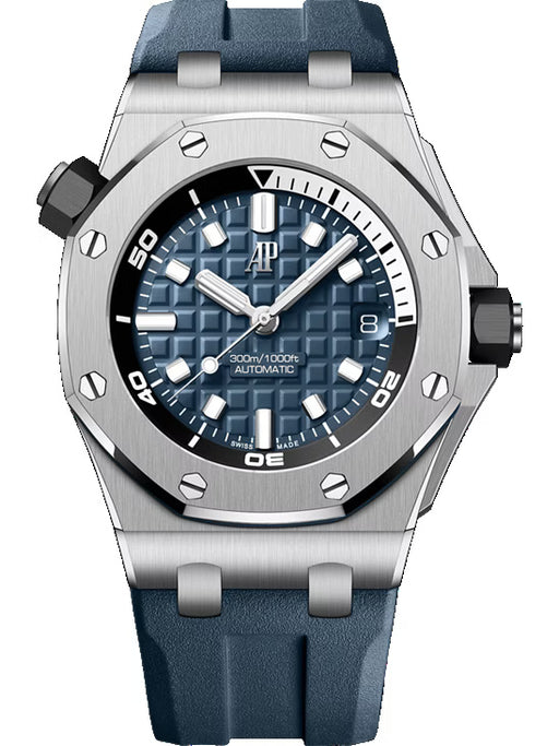Audemars Piguet Royal Oak Offshore Diver 42mm in stainless steel with blue Méga Tapisserie dial and blue rubber strap.