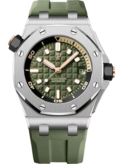 Audemars Piguet Royal Oak Offshore Diver 42mm in stainless steel with khaki green Méga Tapisserie dial and matching rubber strap.

