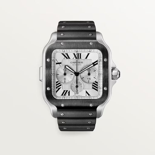 Cartier Santos de Cartier Chronograph WSSA0017 in stainless steel featuring a silvered opaline dial and Santos-style bracelet.